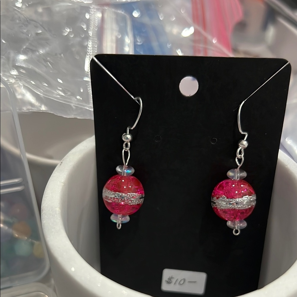 Vibrant Pink and Silver Beaded Earrings